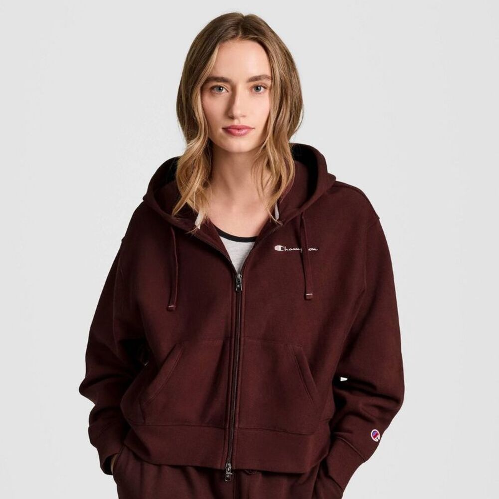 Champion Women's Cropped Hooded Fleece Zip-Up Sweatshirt - Maroon XL